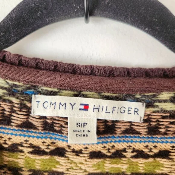 Vintage Tommy Hilfiger Brown Fair Isle Cardigan Sweater Lambswool Alpaca Size S - Picture 5 of 8